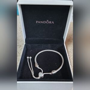 PANDORA Moments Pave Heart Clasp snake chain slider bracelet sterling silver